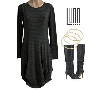 LUNN BY LILITH LAGENLOOK GRAY STRIPED GATHERED HEM SHIFT DRESS SZ S